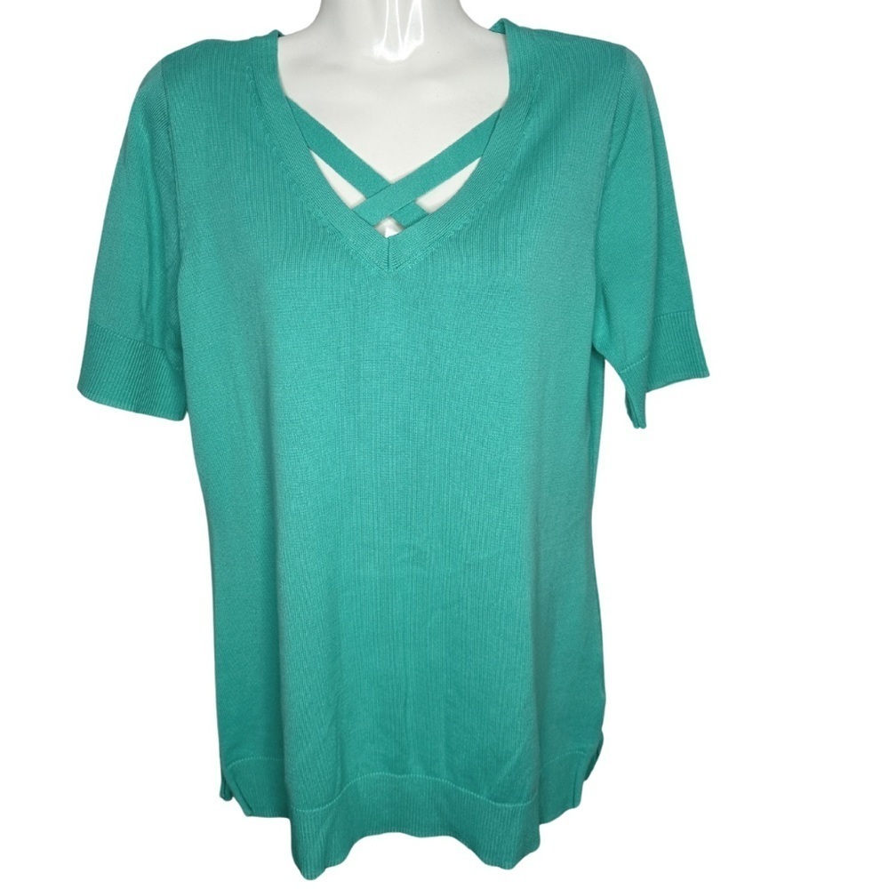 Isaac Mizrahi Live Women's Aqua Blue  QVC short sleeve v-neck sweater size M